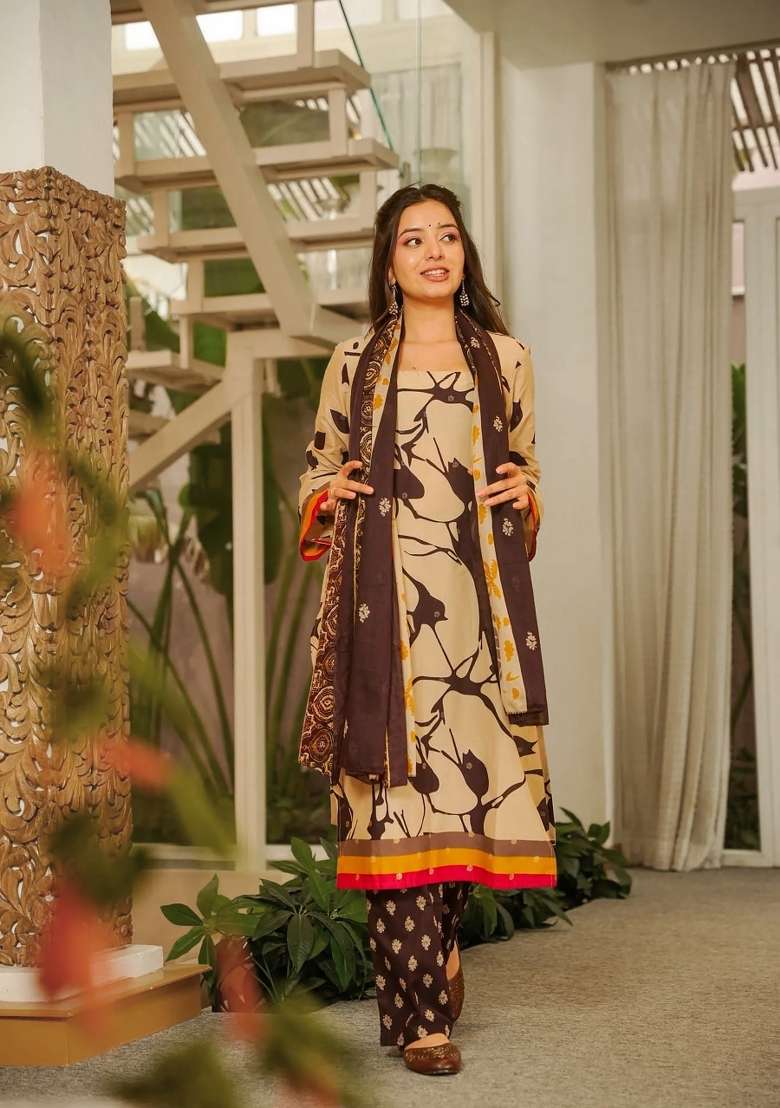 Brown Printed Cotton Kurta Set - Indya