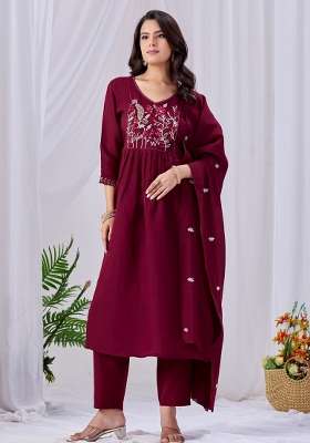 Wine Embroidery Cotton Kurta Set