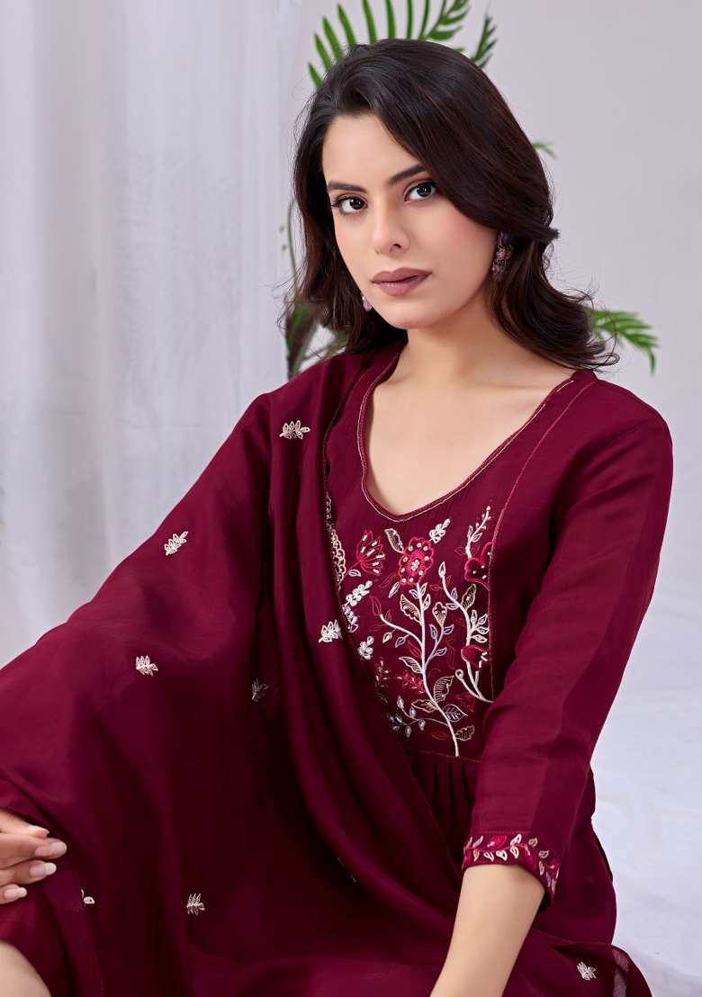 Wine Embroidery Cotton Kurta Set - Indya