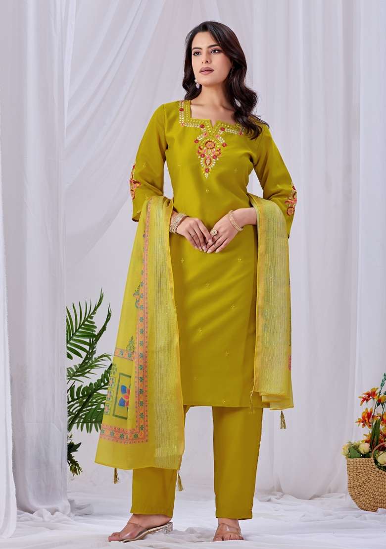 Yellow Embroidery Cotton Kurta Set - Indya