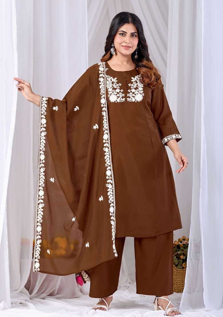 Brown Embroidery Cotton Kurta Set - Indya