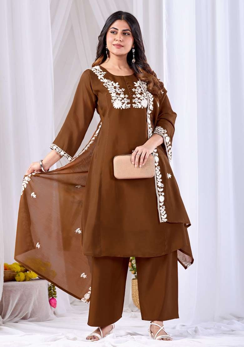 Brown Embroidery Cotton Kurta Set - Indya