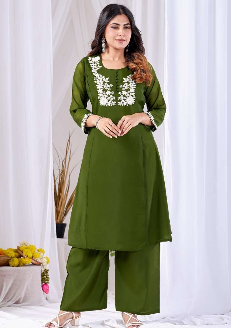 Green Embroidery Cotton Kurta Set - Indya