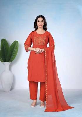 Orange Embroidery Cotton Kurta Set