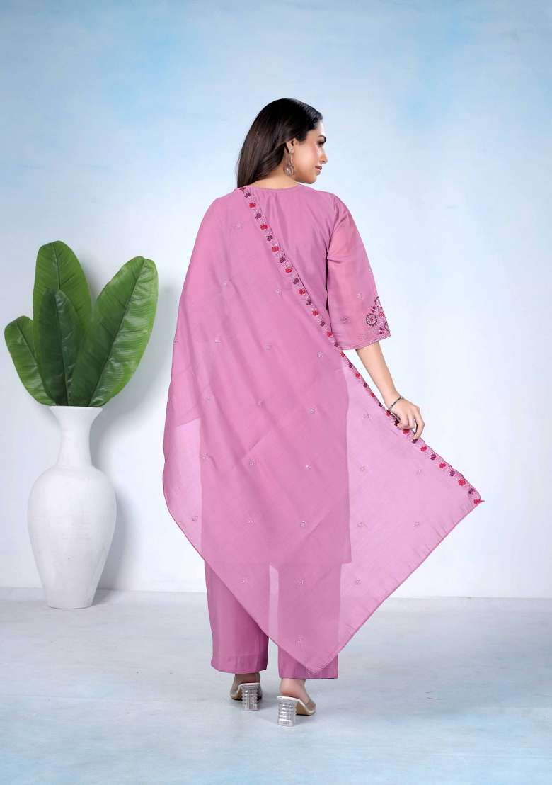 Pink Embroidery Cotton Kurta Set - Indya