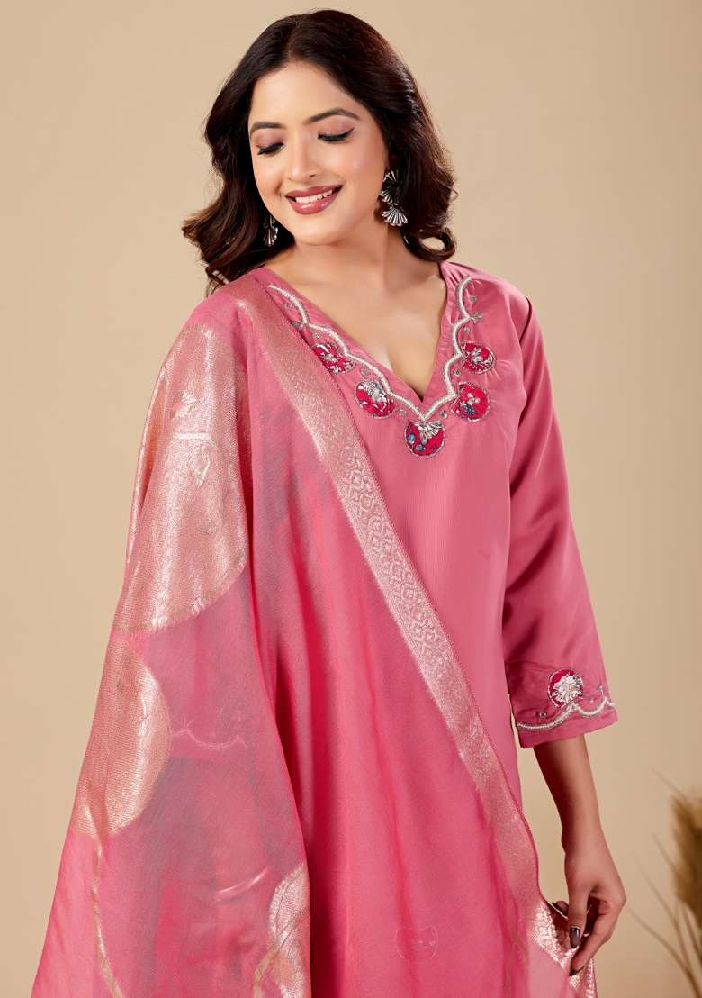 Pink Embroidery Cotton Kurta Set - Indya
