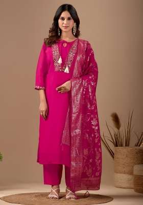 Pink Embroidery Cotton Kurta Set