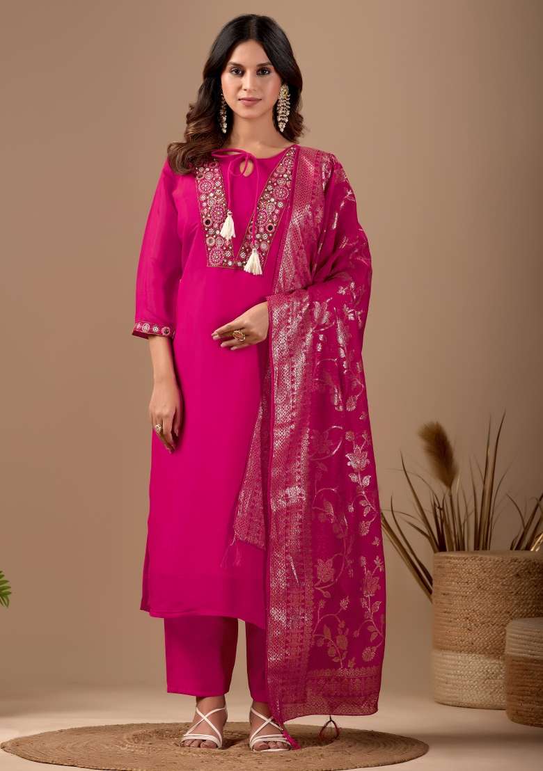 Pink Embroidery Cotton Kurta Set - Indya