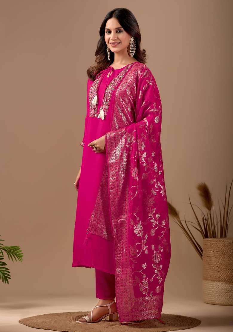 Pink Embroidery Cotton Kurta Set - Indya