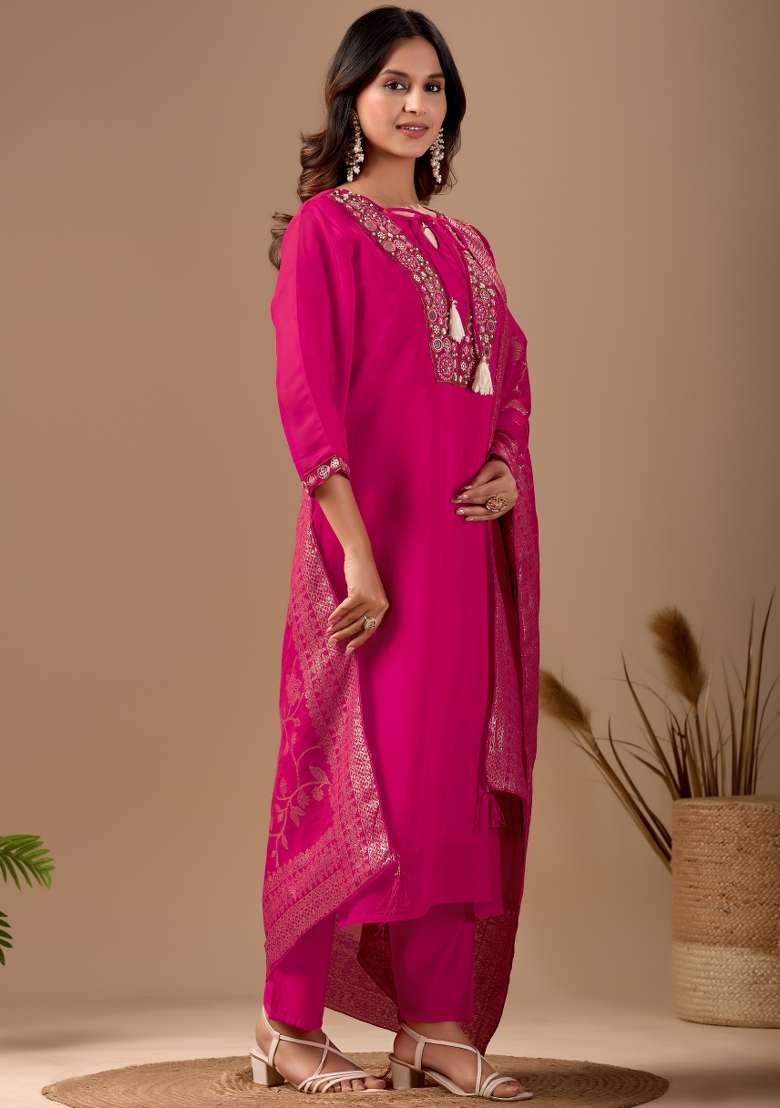 Pink Embroidery Cotton Kurta Set - Indya