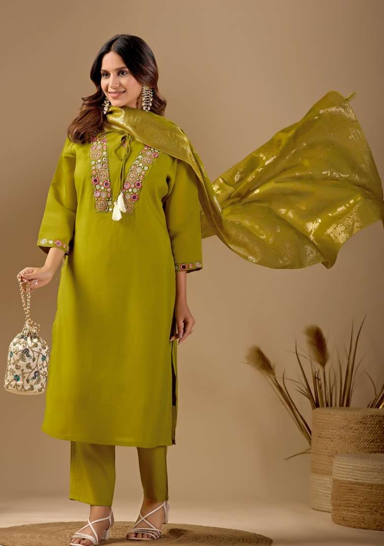 Green Embroidery Cotton Kurta Set - Indya