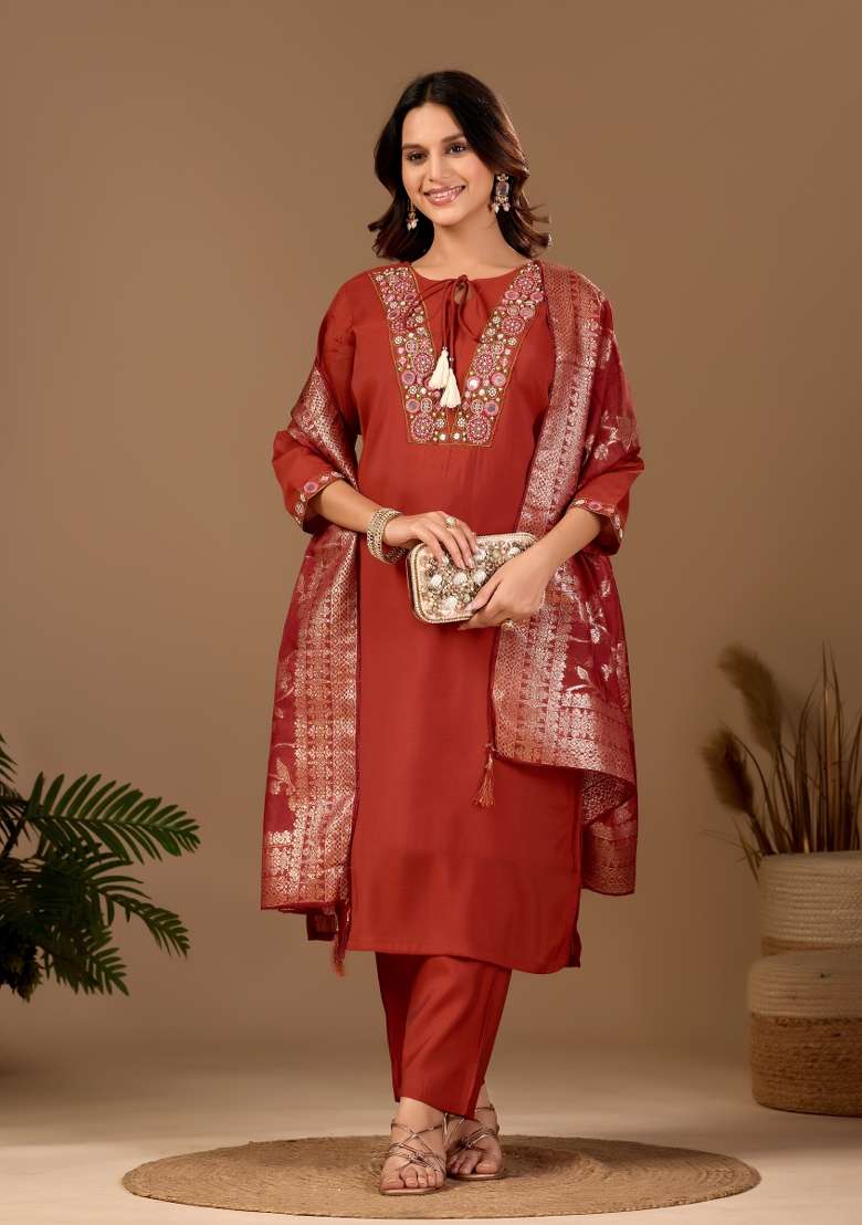 Orange Embroidery Cotton Kurta Set - Indya