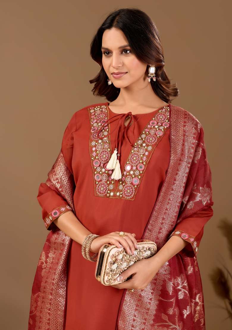 Orange Embroidery Cotton Kurta Set - Indya