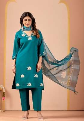 Teal Embroidery Cotton Kurta Set