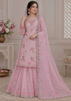 Baby Pink Embroidery Georgette Palazzo Set