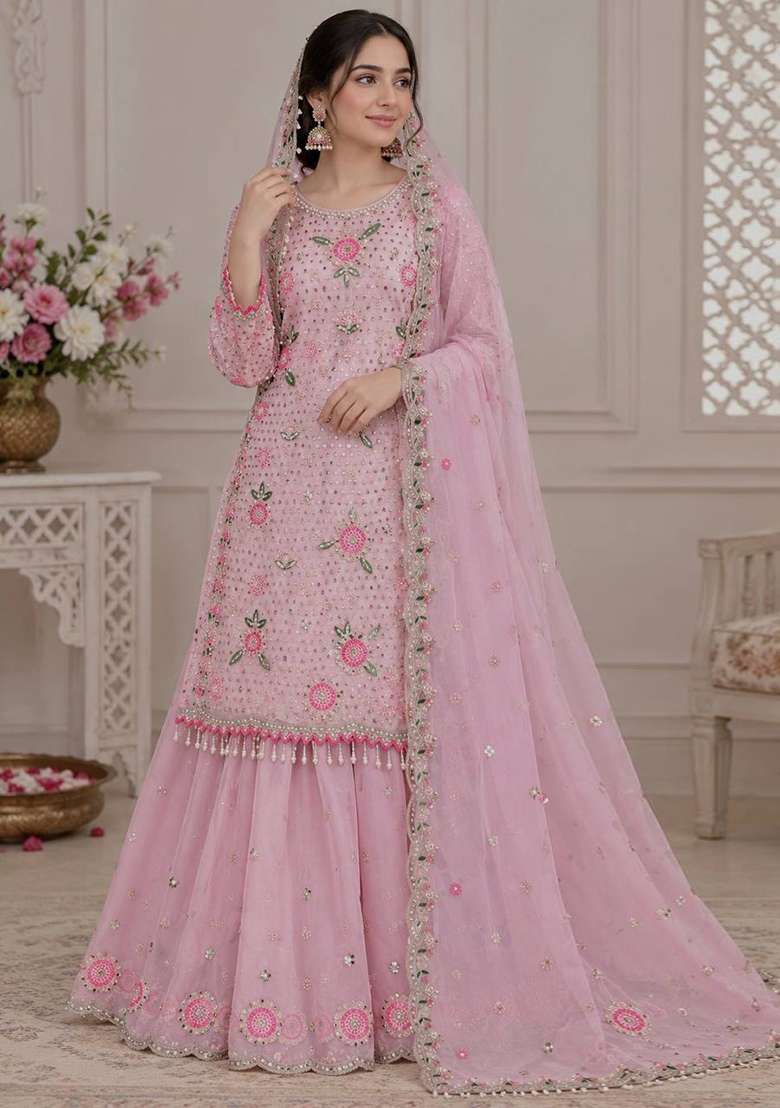 Baby Pink Embroidery Georgette Palazzo Set - Indya