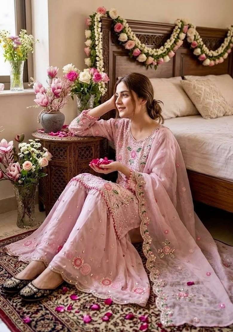 Baby Pink Embroidery Georgette Palazzo Set - Indya