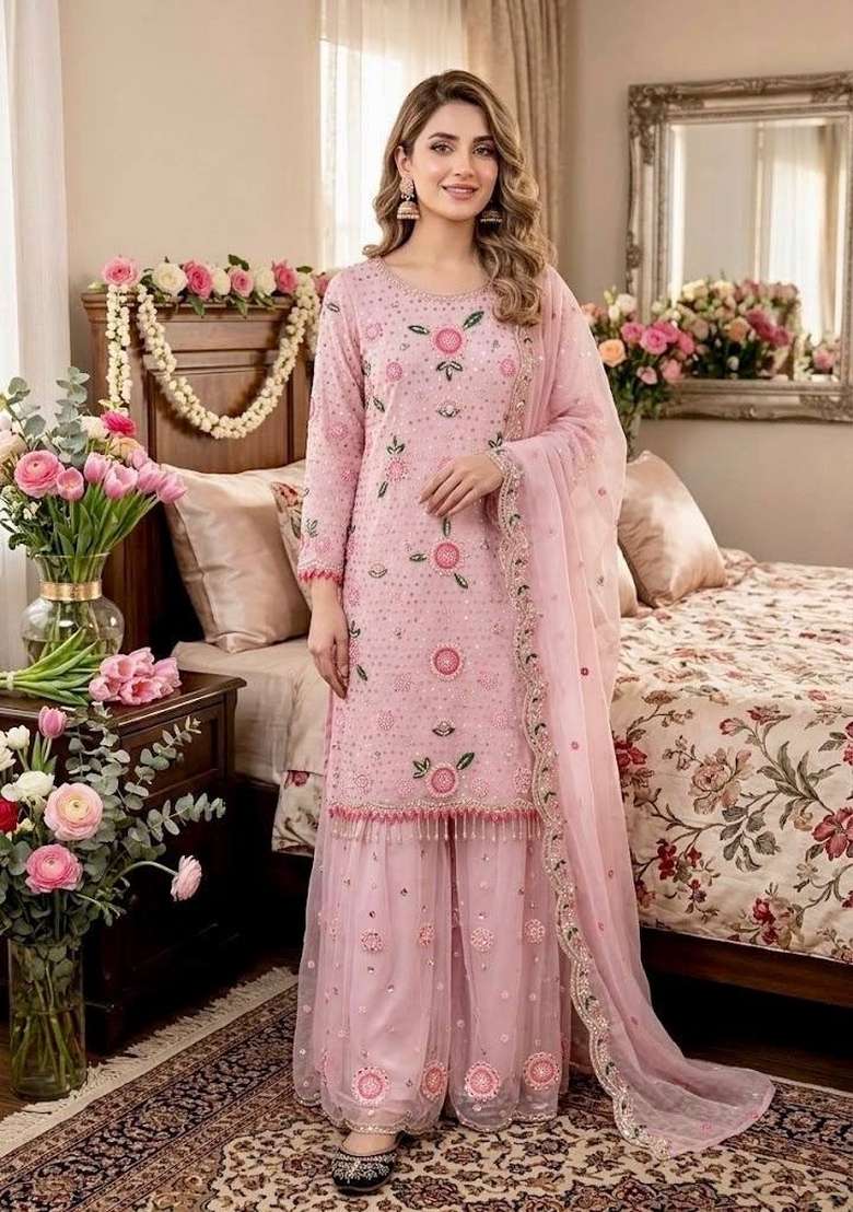 Baby Pink Embroidery Georgette Palazzo Set - Indya