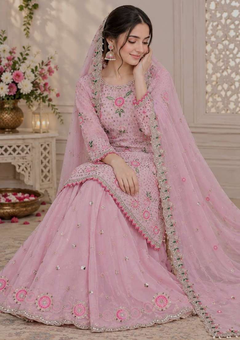 Baby Pink Embroidery Georgette Palazzo Set - Indya