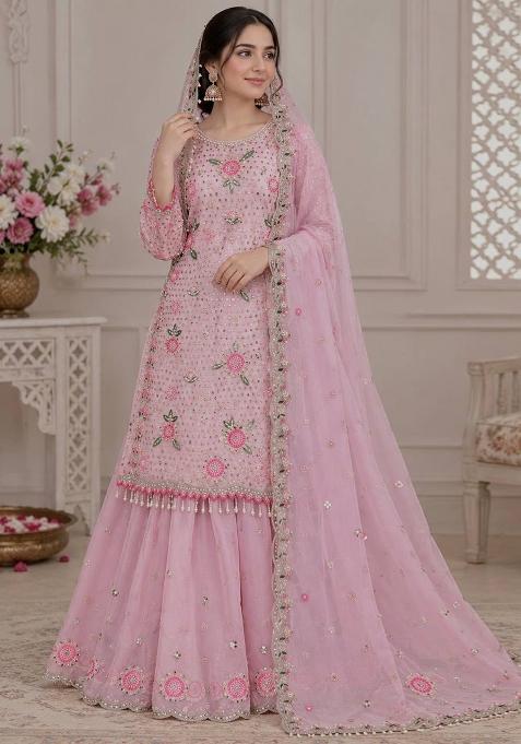 Baby Pink Embroidery Georgette Palazzo Set