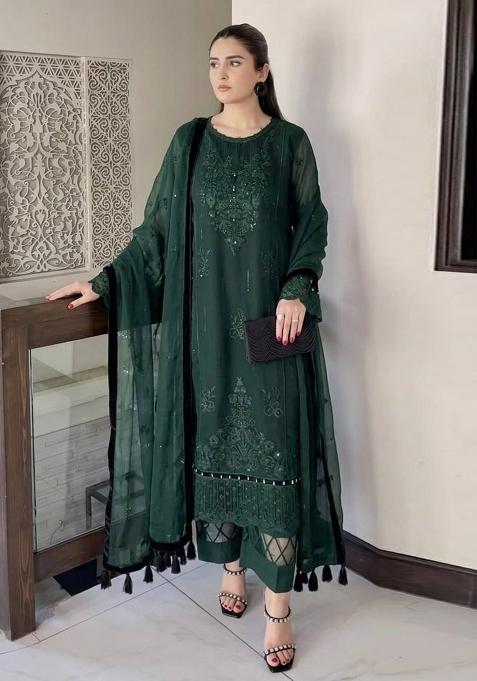 Emerald Green Embroidery Organza Kurta Set