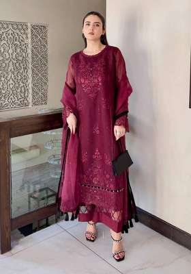 Wine Embroidery Organza Kurta Set