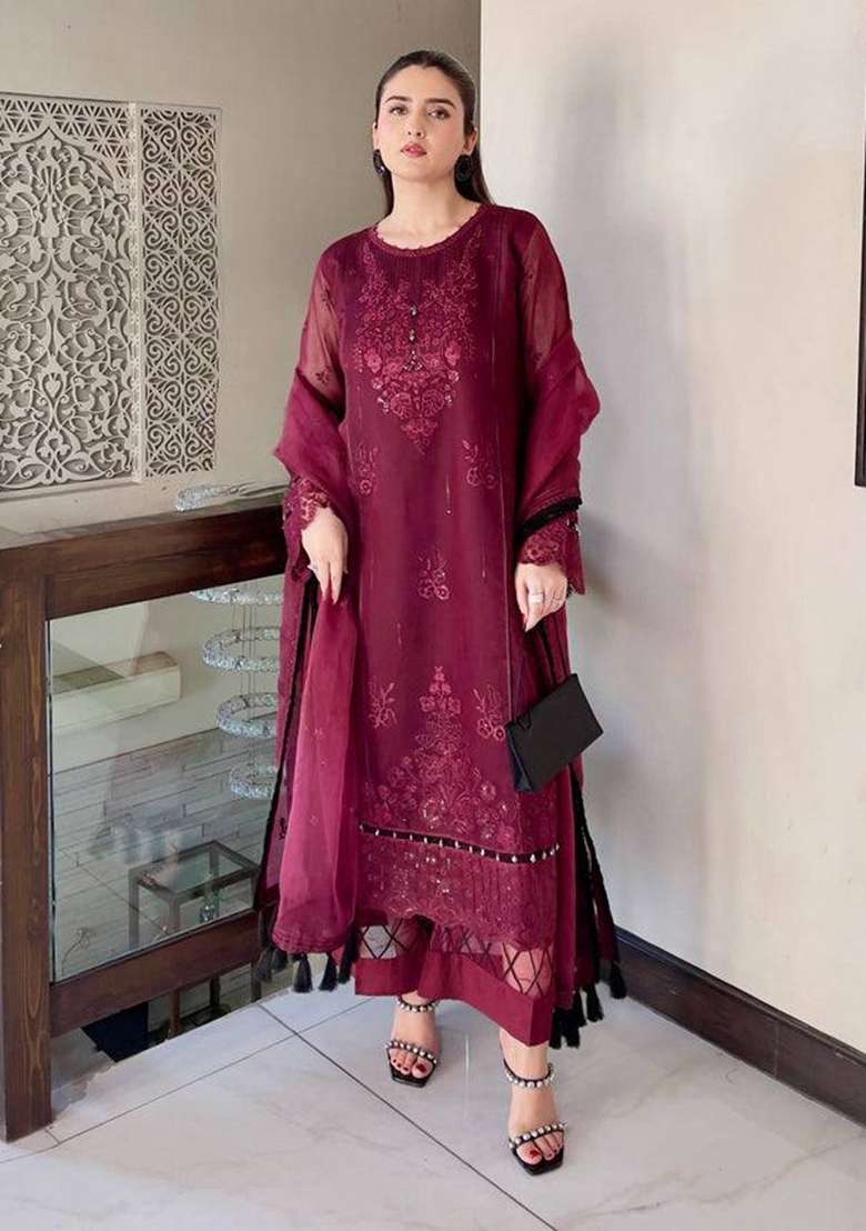 Wine Embroidery Organza Kurta Set - Indya