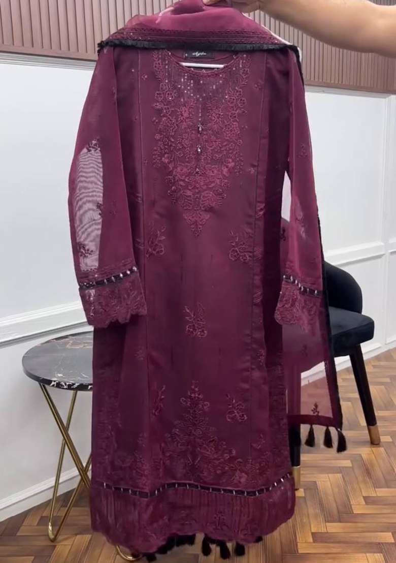 Wine Embroidery Organza Kurta Set - Indya