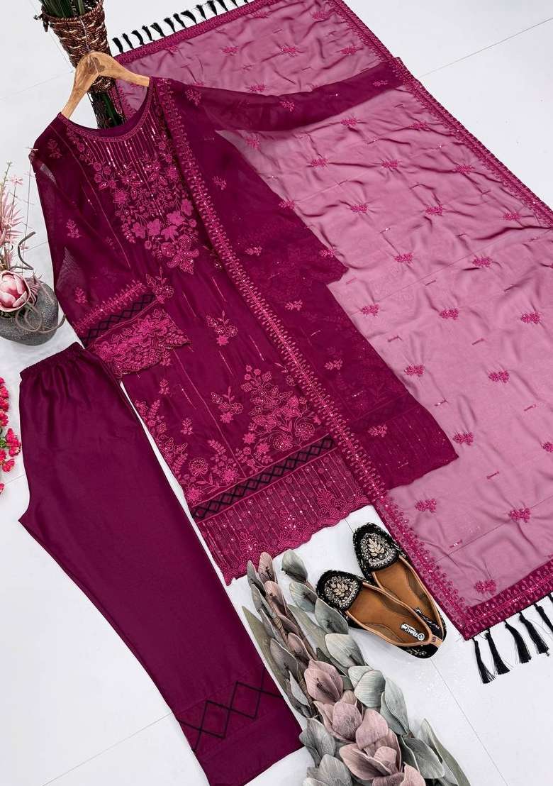 Wine Embroidery Organza Kurta Set - Indya