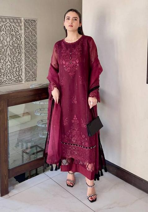 Wine Embroidery Organza Kurta Set