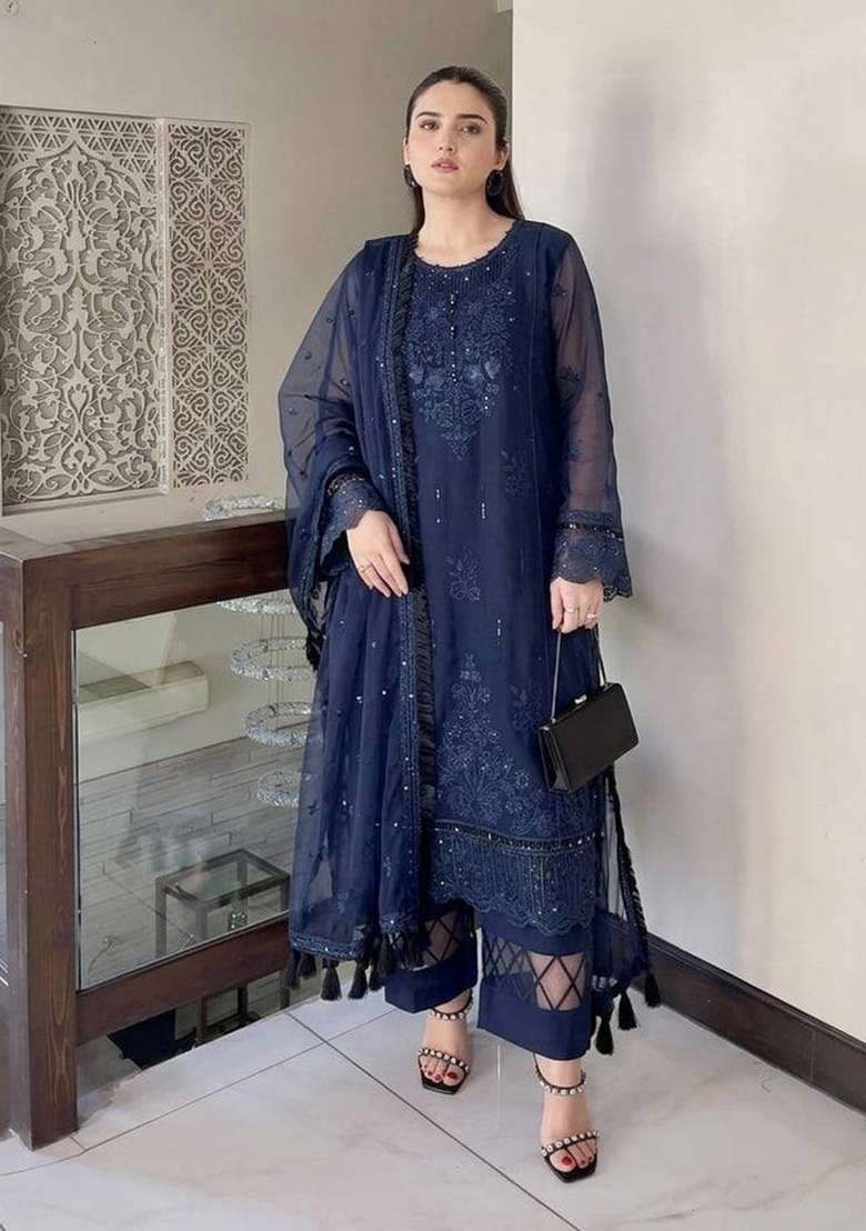 Navy Blue Embroidery Organza Kurta Set - Indya