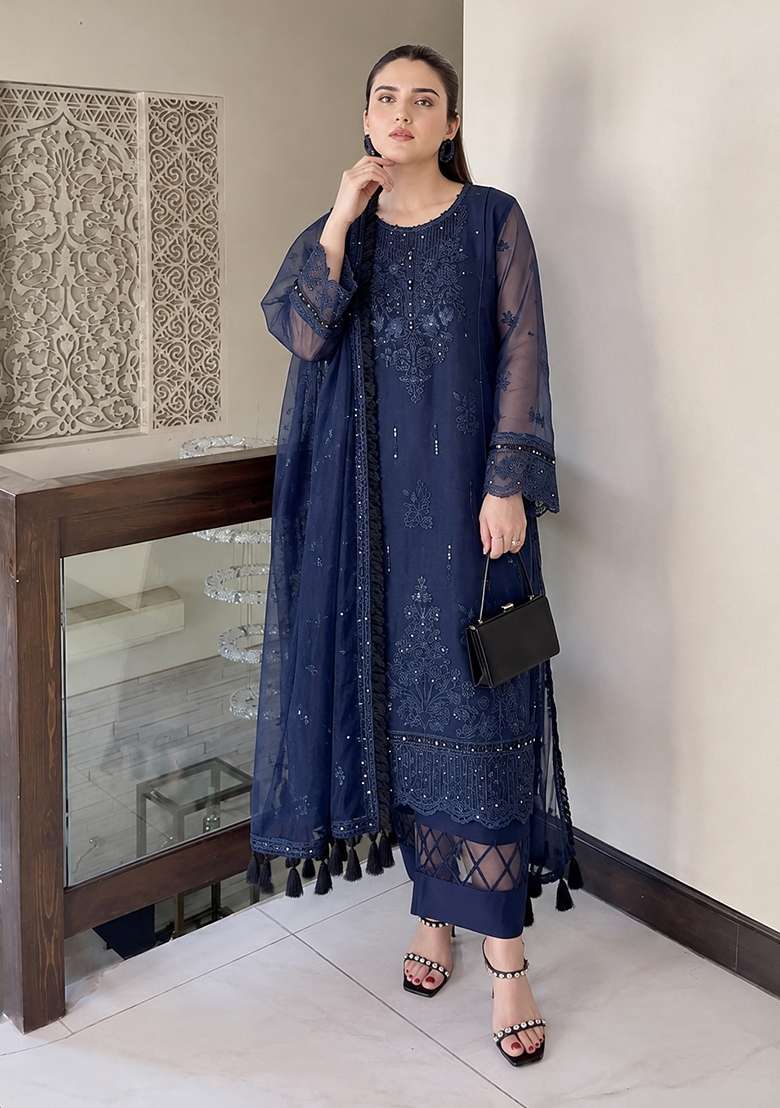 Navy Blue Embroidery Organza Kurta Set - Indya