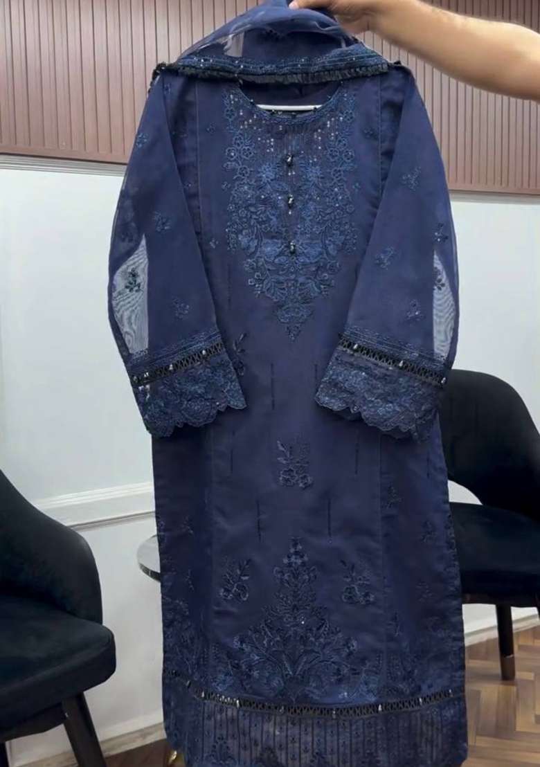 Navy Blue Embroidery Organza Kurta Set - Indya