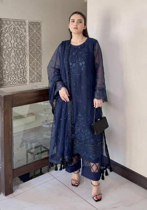 Navy Blue Embroidery Organza Kurta Set