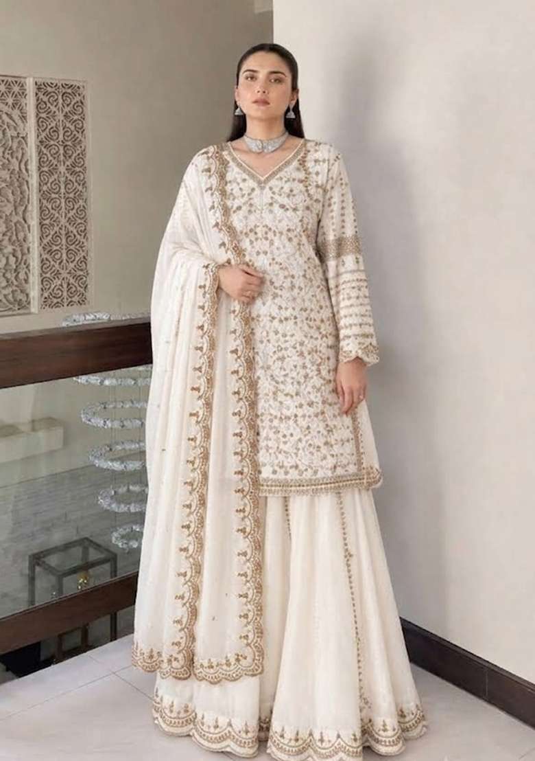 Ivory Embroidery Net Palazzo Set - Indya