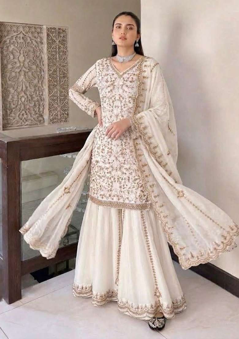 Ivory Embroidery Net Palazzo Set - Indya