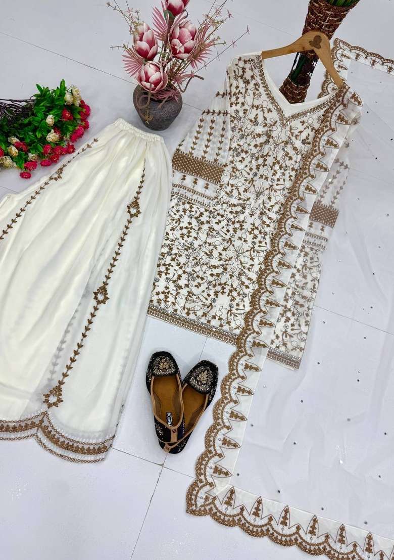 Ivory Embroidery Net Palazzo Set - Indya