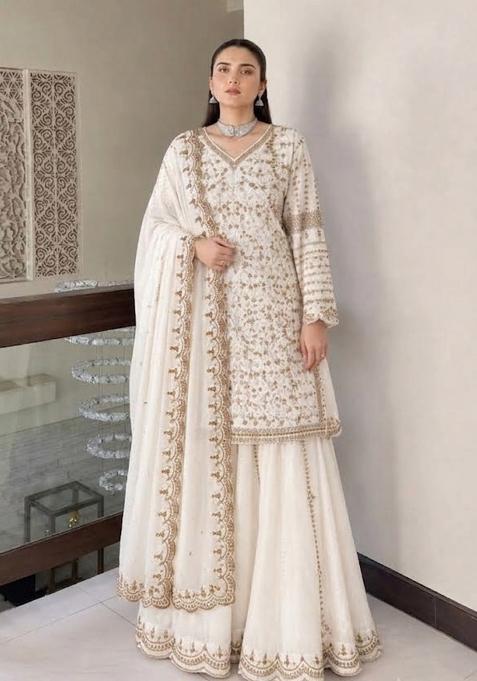 Ivory Embroidery Net Palazzo Set