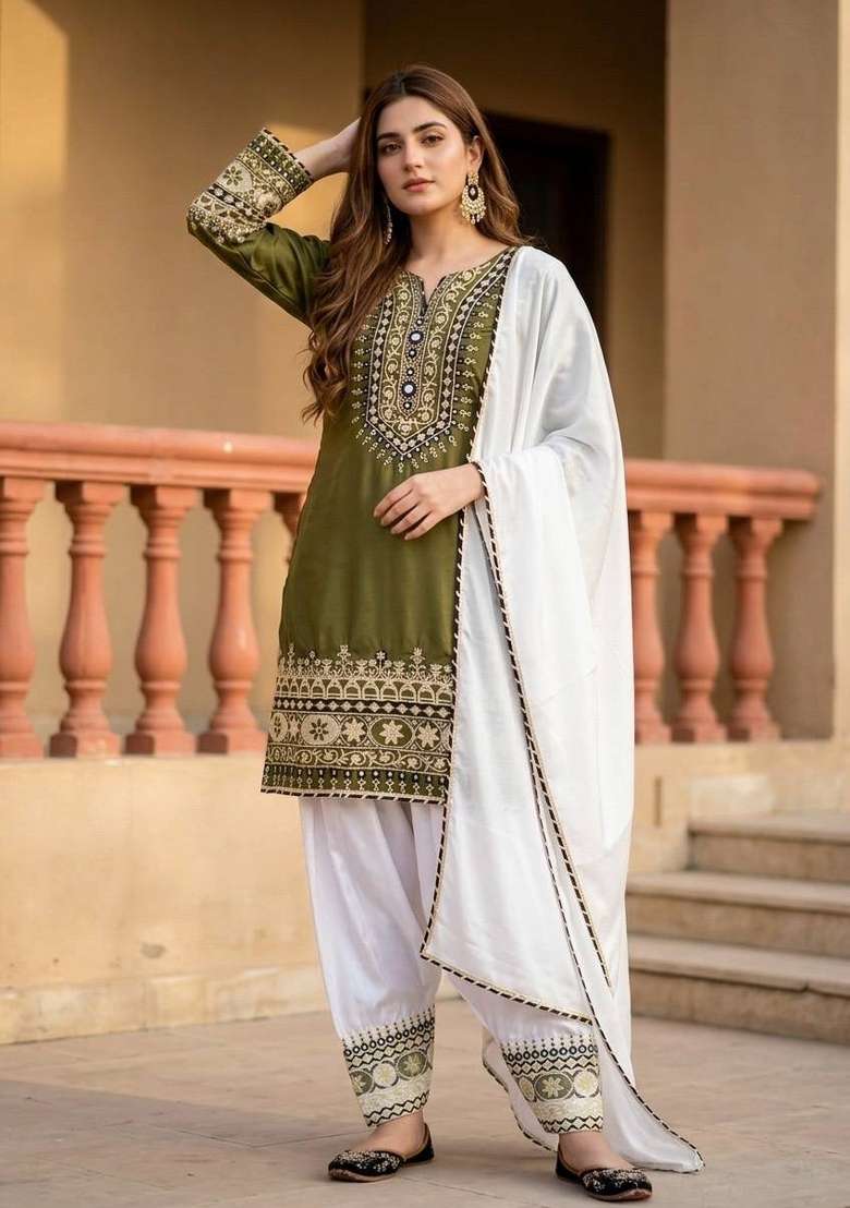Mehendi Green Embroidery Silk Palazzo Set - Indya
