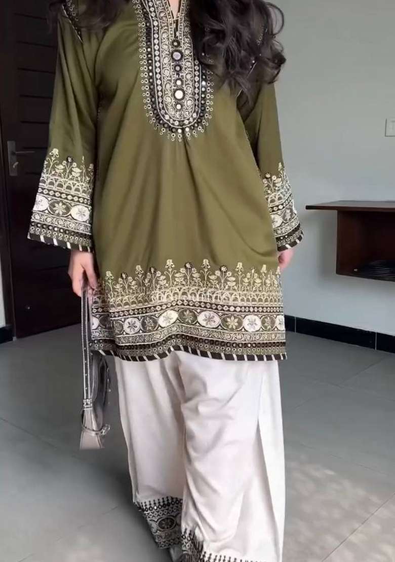 Mehendi Green Embroidery Silk Palazzo Set - Indya