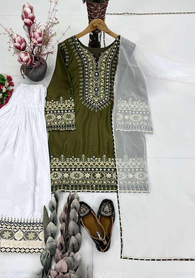 Mehendi Green Embroidery Silk Palazzo Set - Indya
