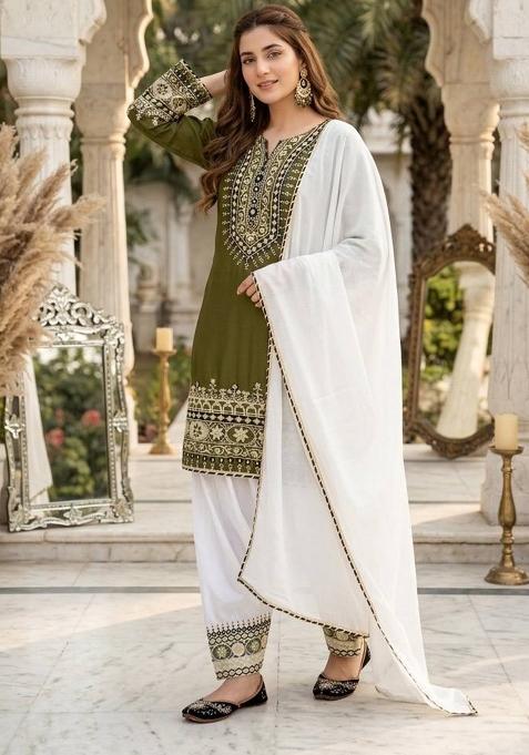 Mehendi Green Embroidery Silk Palazzo Set
