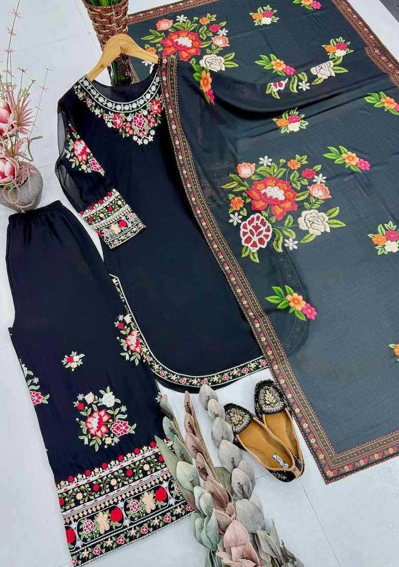 Black Embroidery Georgette Palazzo Set - Indya