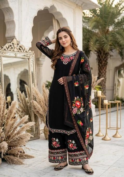 Black Embroidery Georgette Palazzo Set