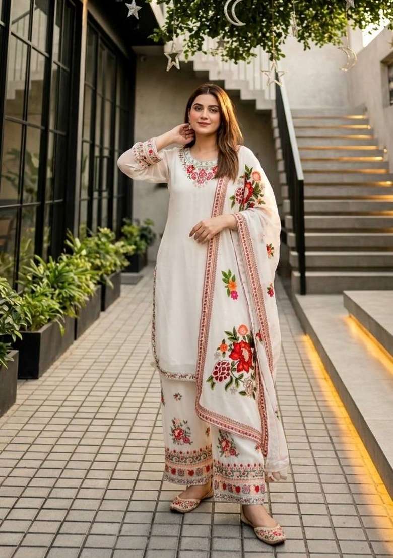 White Embroidery Georgette Palazzo Set - Indya