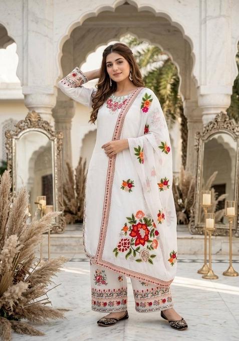 White Embroidery Georgette Palazzo Set