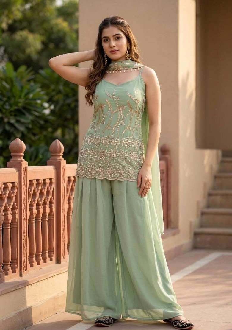 Mint Green Embroidery Georgette Palazzo Set - Indya