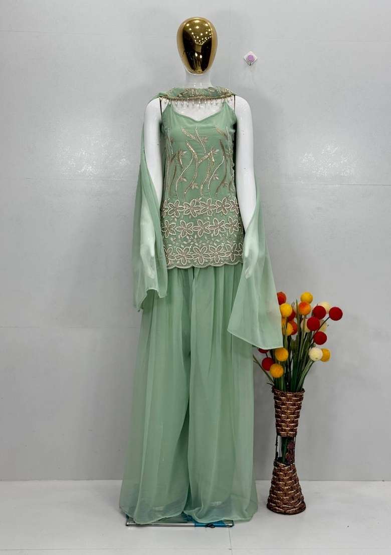 Mint Green Embroidery Georgette Palazzo Set - Indya