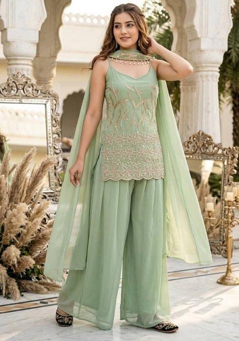 Mint Green Embroidery Georgette Palazzo Set