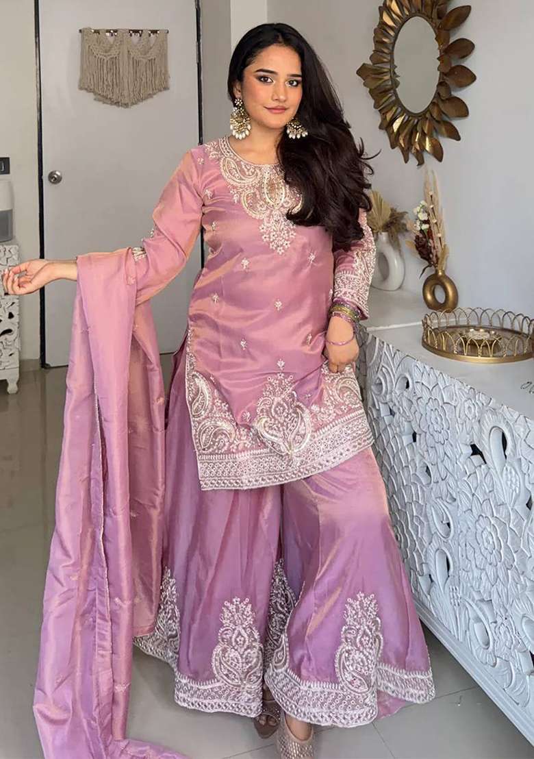 Onion Pink Embroidery Silk Palazzo Set - Indya